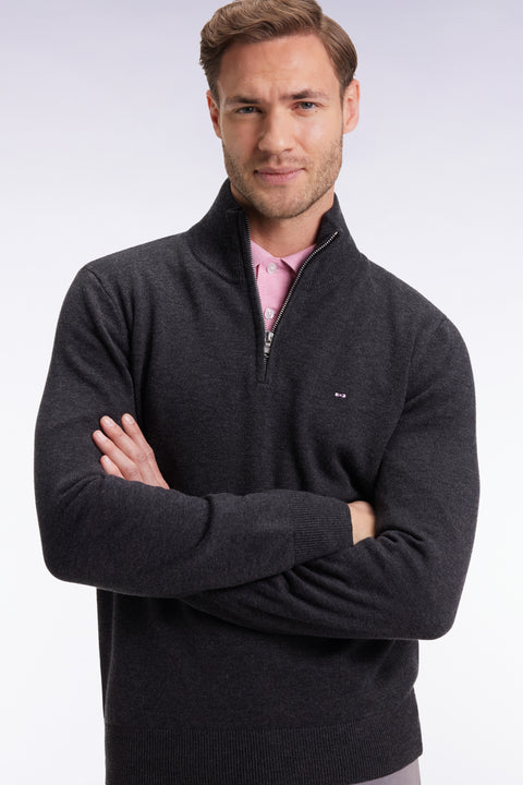 Dark grey wool and cotton trucker-neck sweater - Image 1