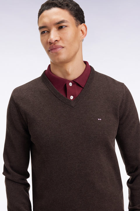 Dark brown wool and cotton V-neck sweater - Image 1