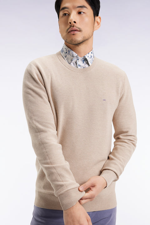 Round-neck sweater in beige cotton honeycomb - Image 1