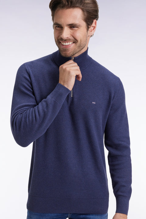 Navy cotton honeycomb trucker-neck sweater - Image 1