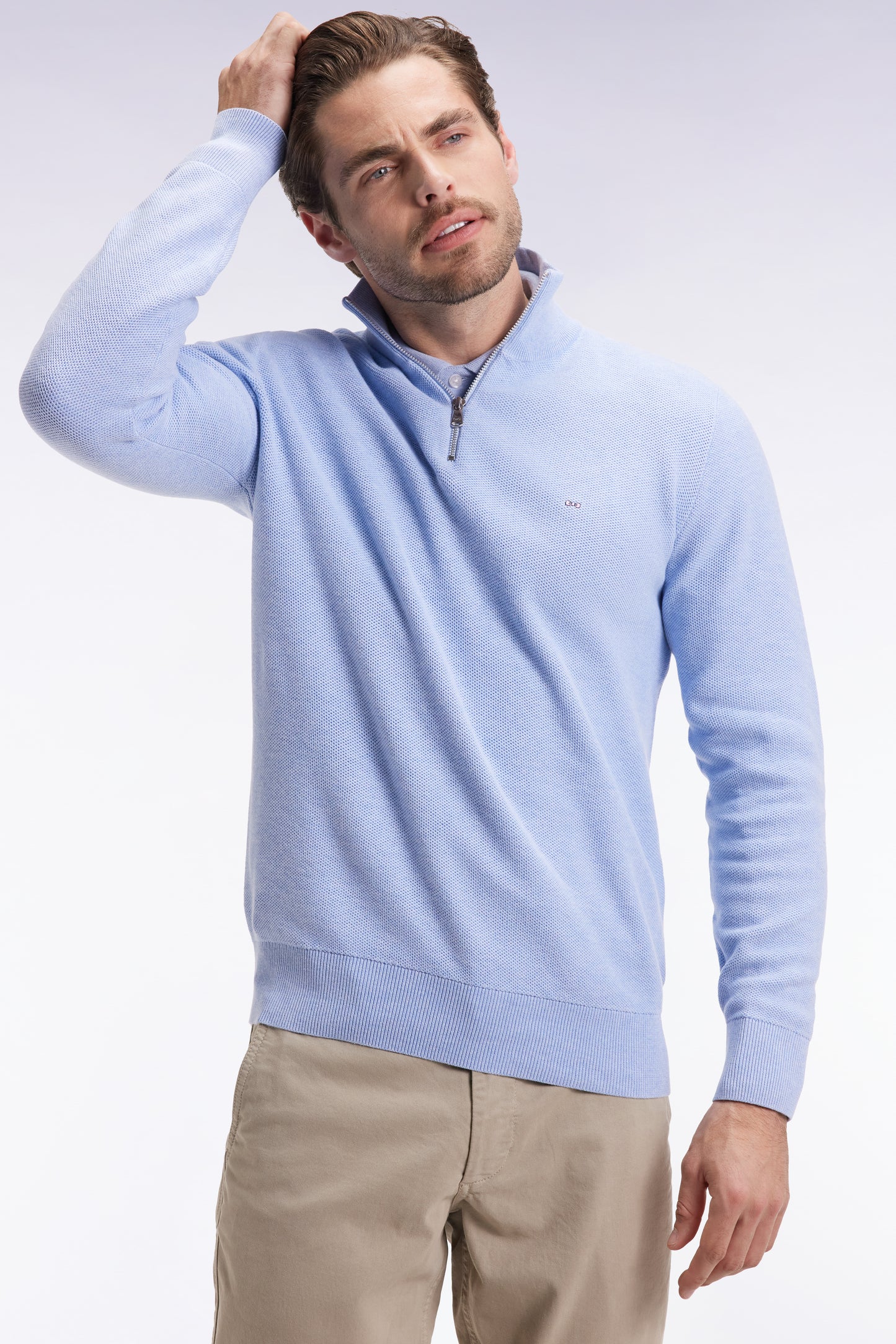 Honeycomb cotton trucker-neck sweater sky