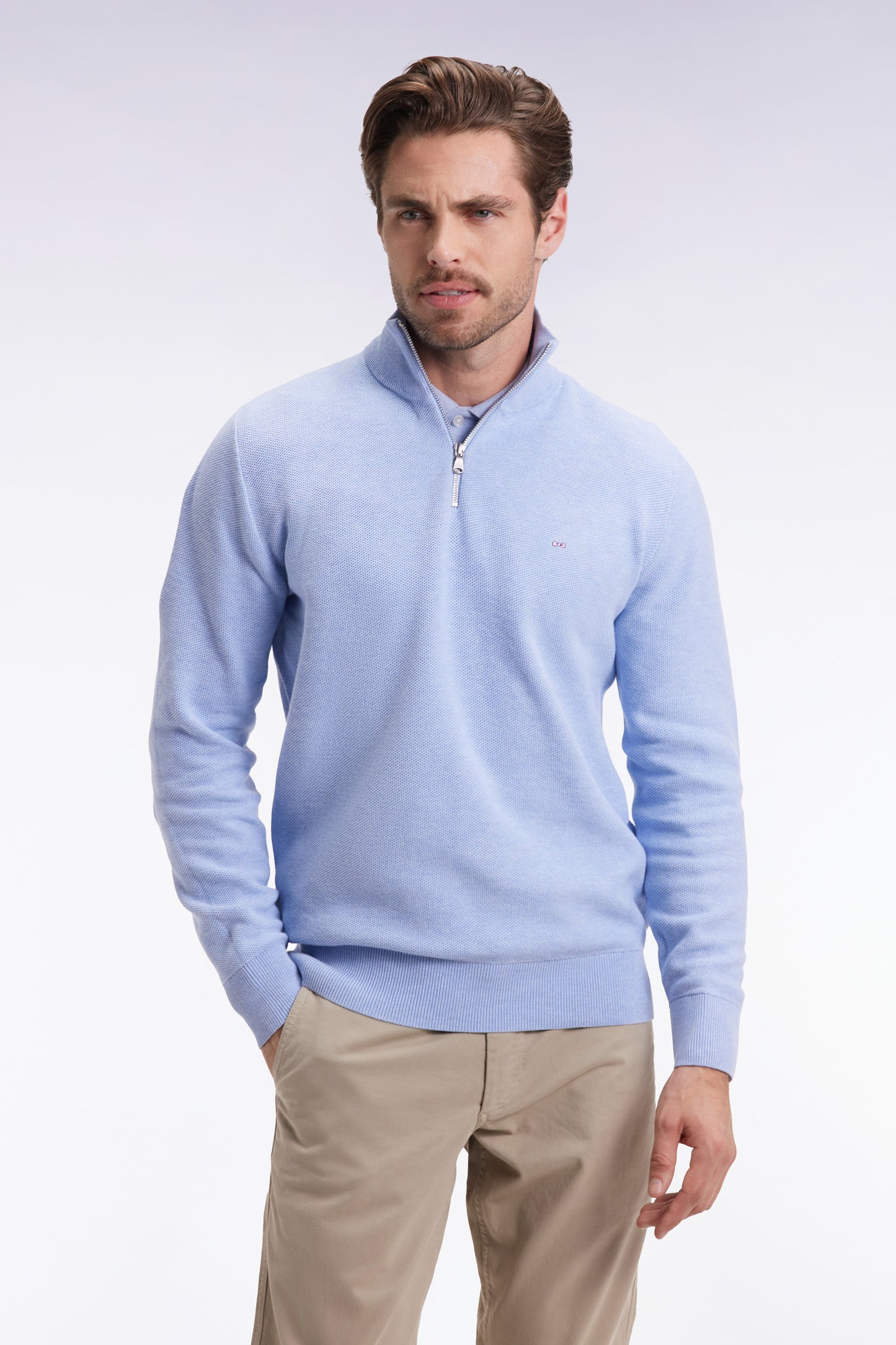 Honeycomb cotton trucker-neck sweater sky