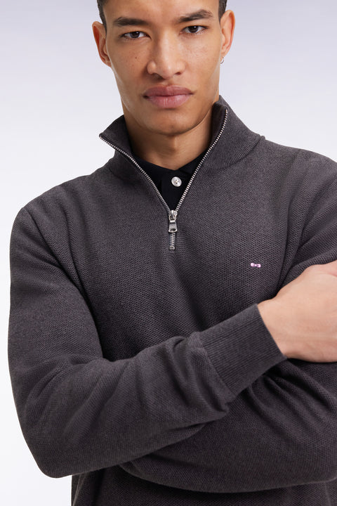 Honeycomb cotton trucker-neck sweater, dark grey - Image 1