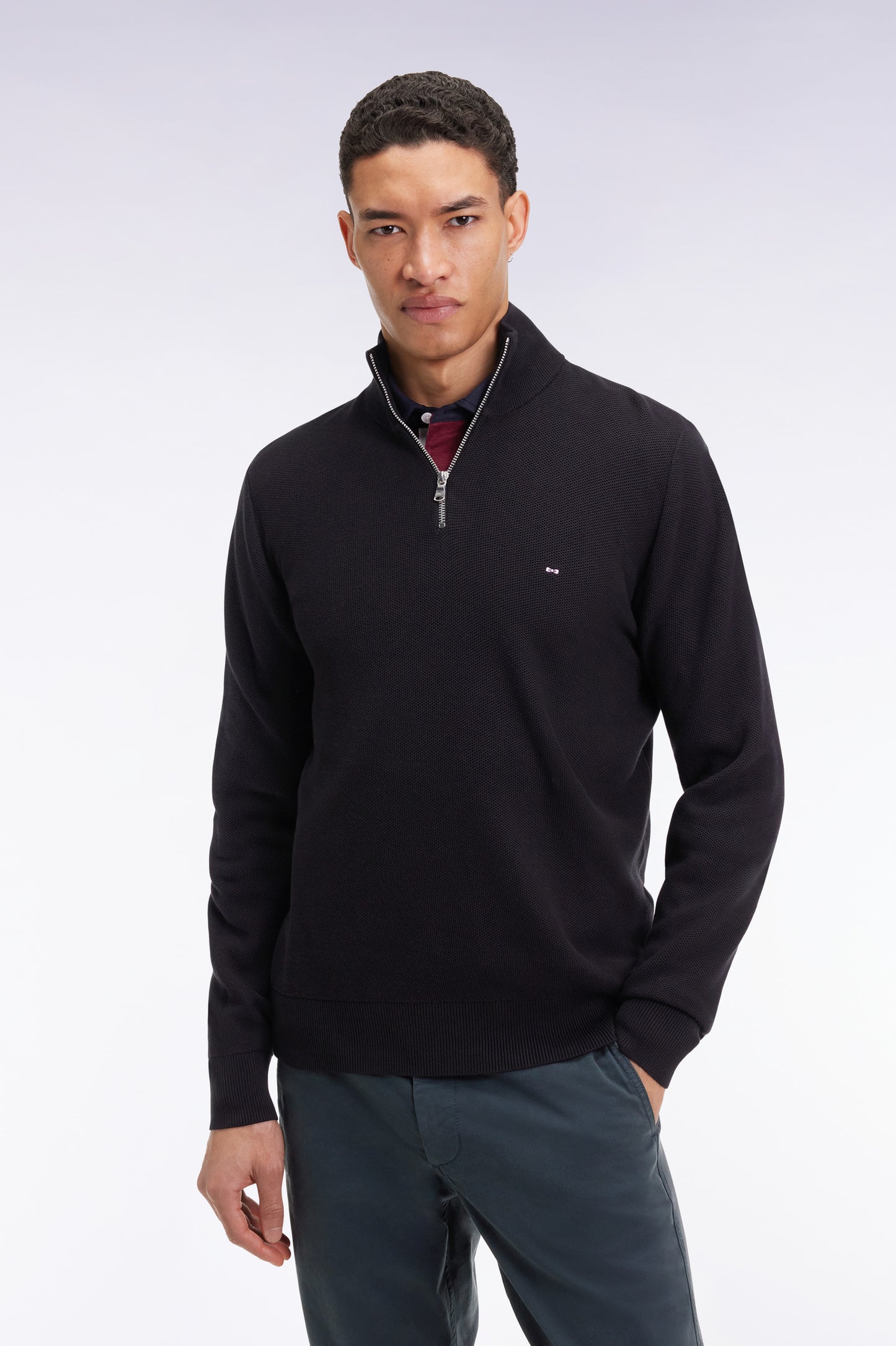 Black cotton honeycomb trucker-neck sweater