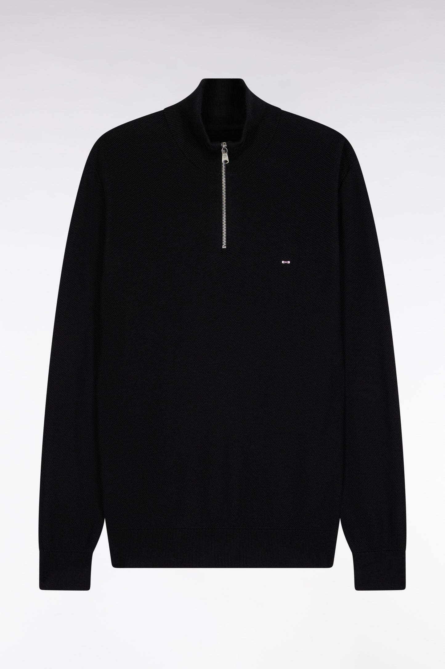 Black cotton honeycomb trucker-neck sweater