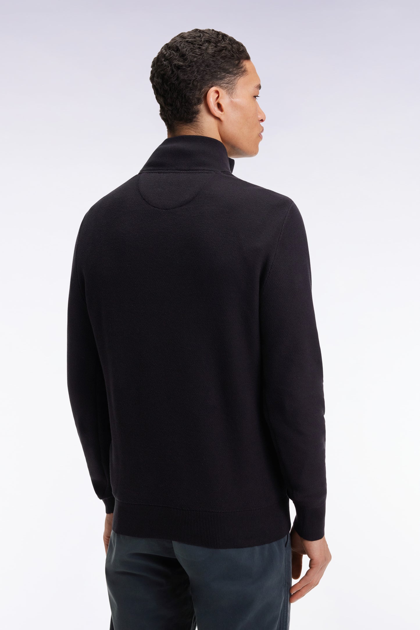Black cotton honeycomb trucker-neck sweater