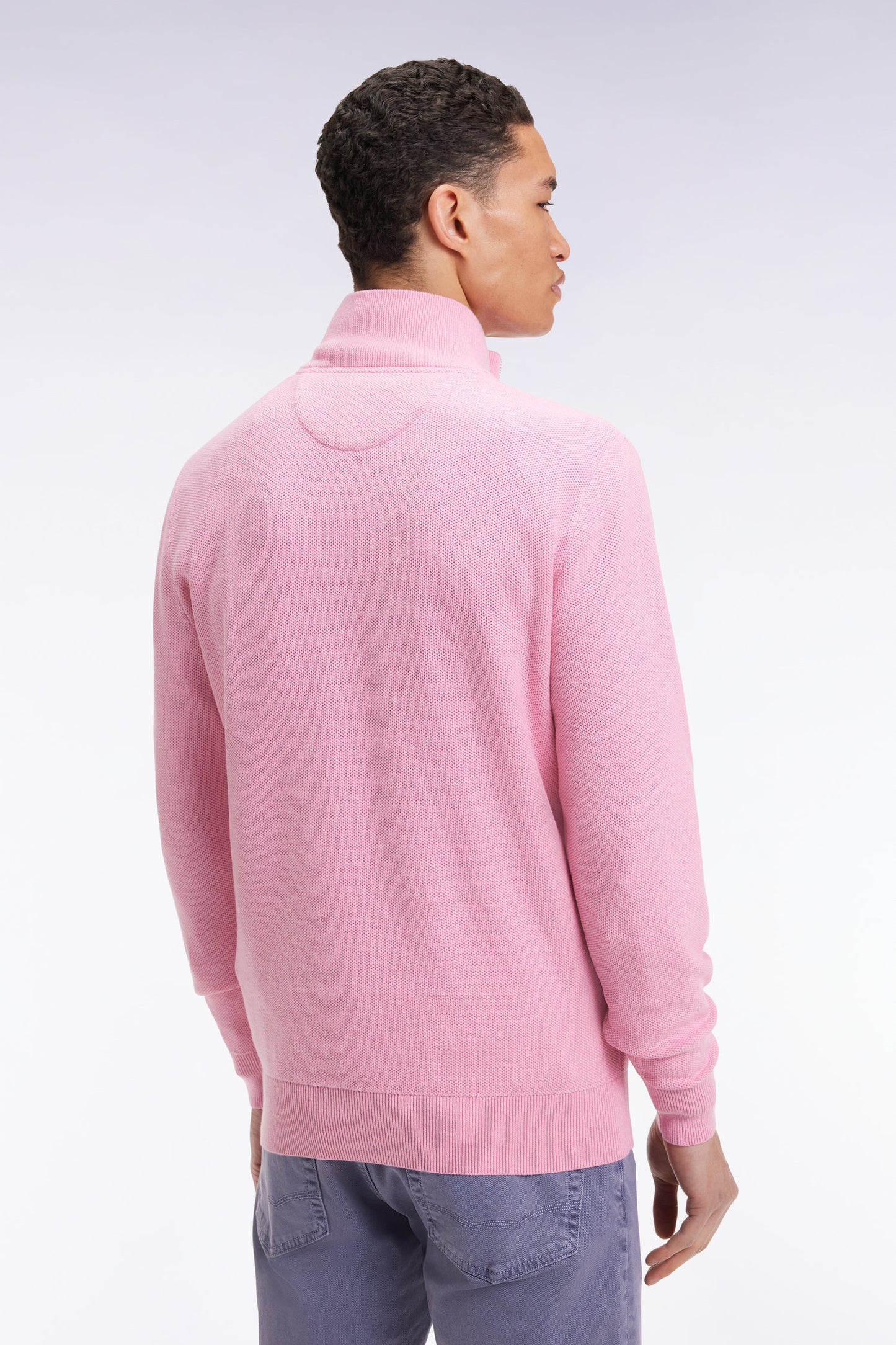 Pink cotton honeycomb trucker-neck sweater