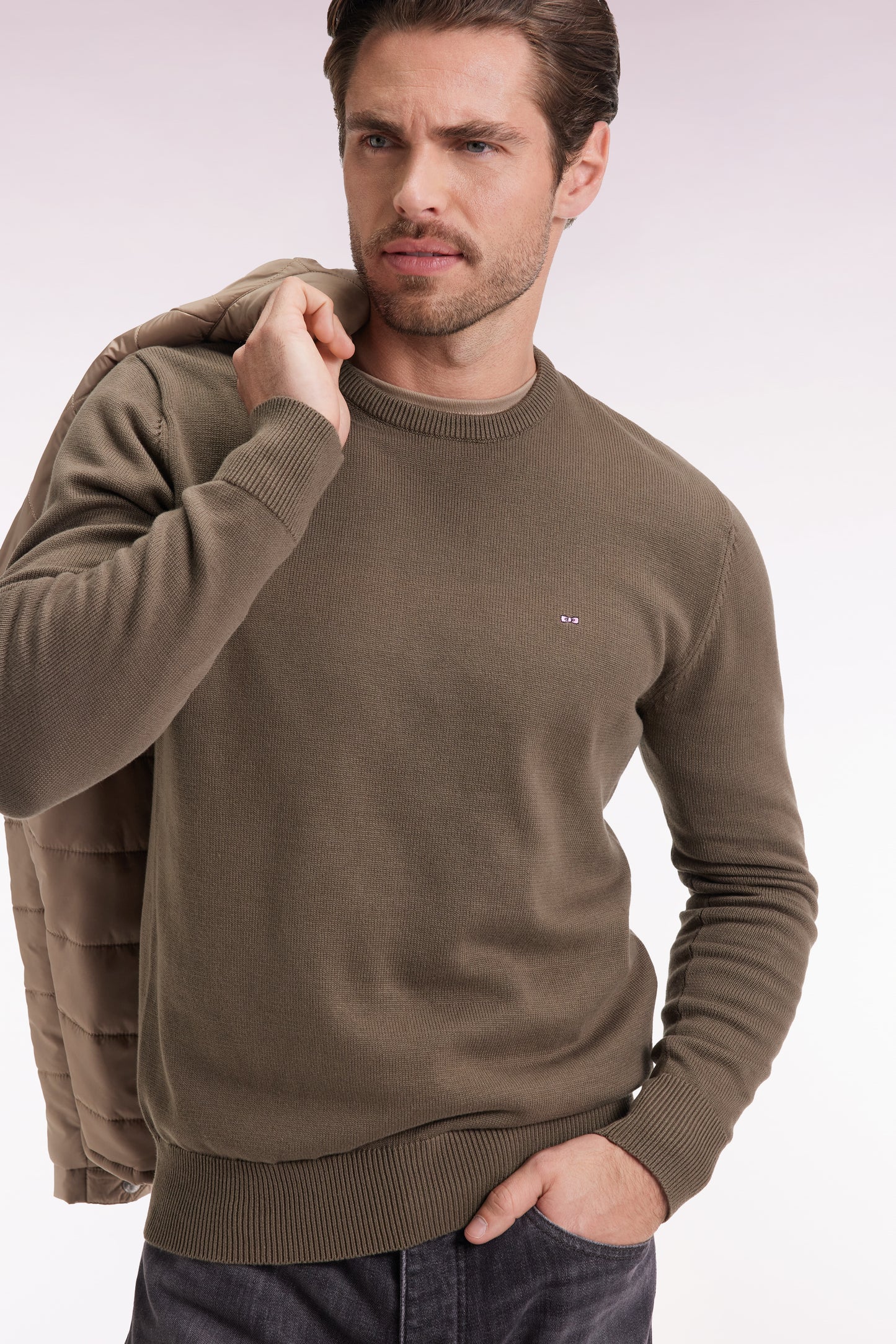 Round-neck sweater in thick khaki cotton