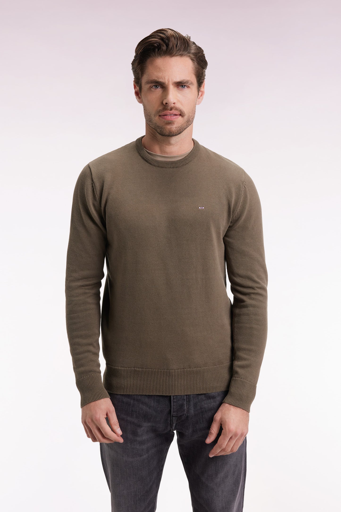 Round-neck sweater in thick khaki cotton