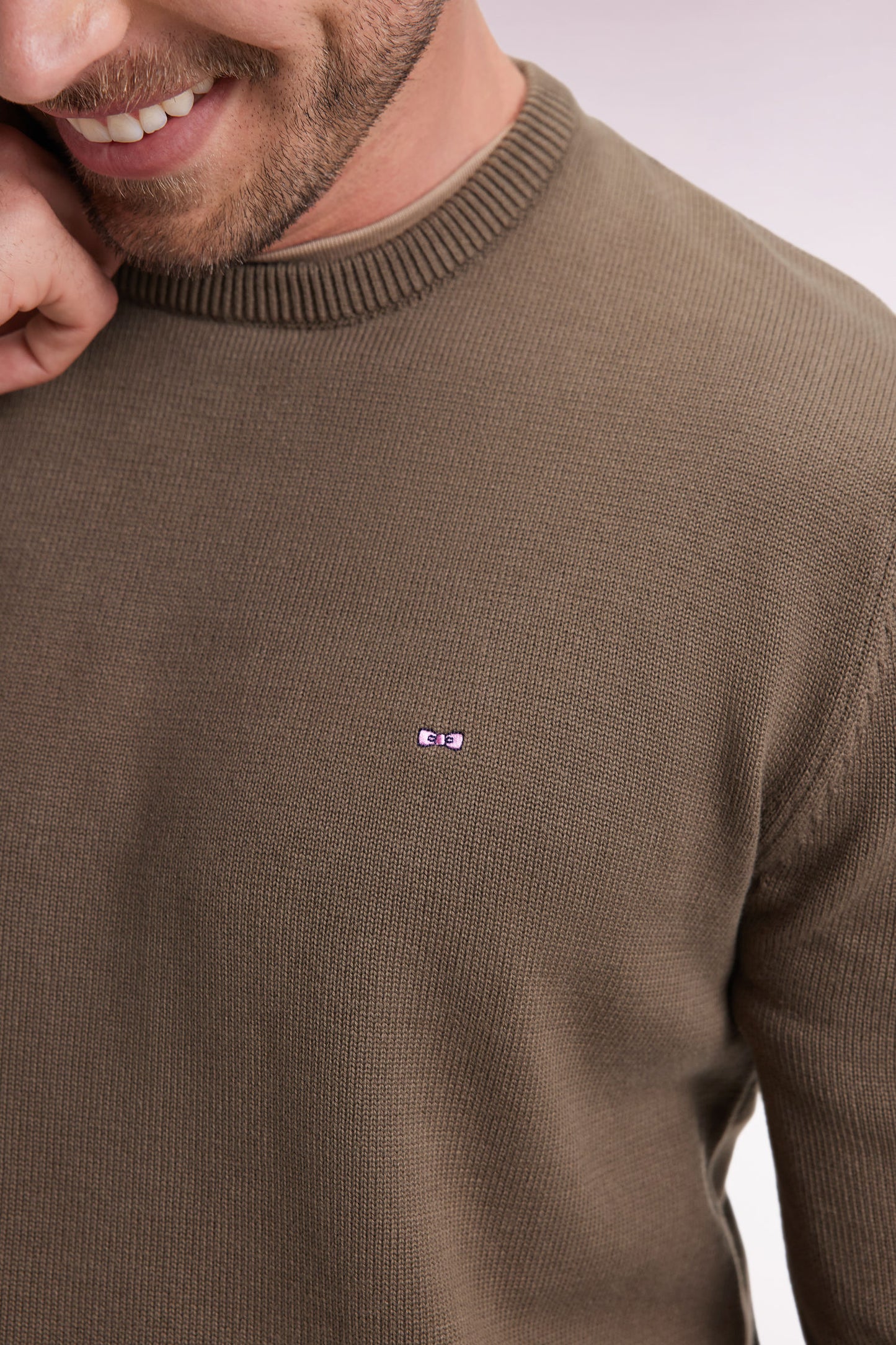 Round-neck sweater in thick khaki cotton