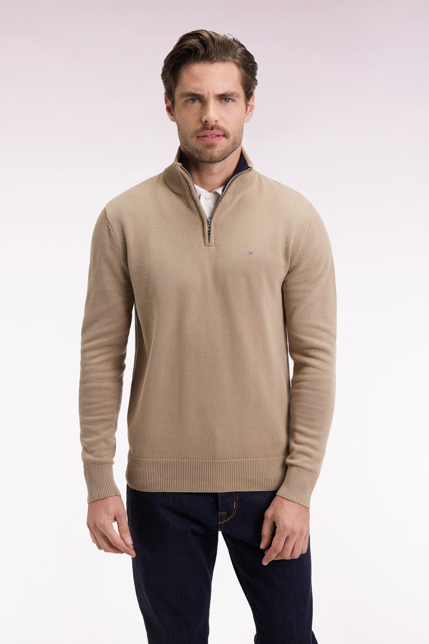 Beige heavy cotton trucker-neck sweater