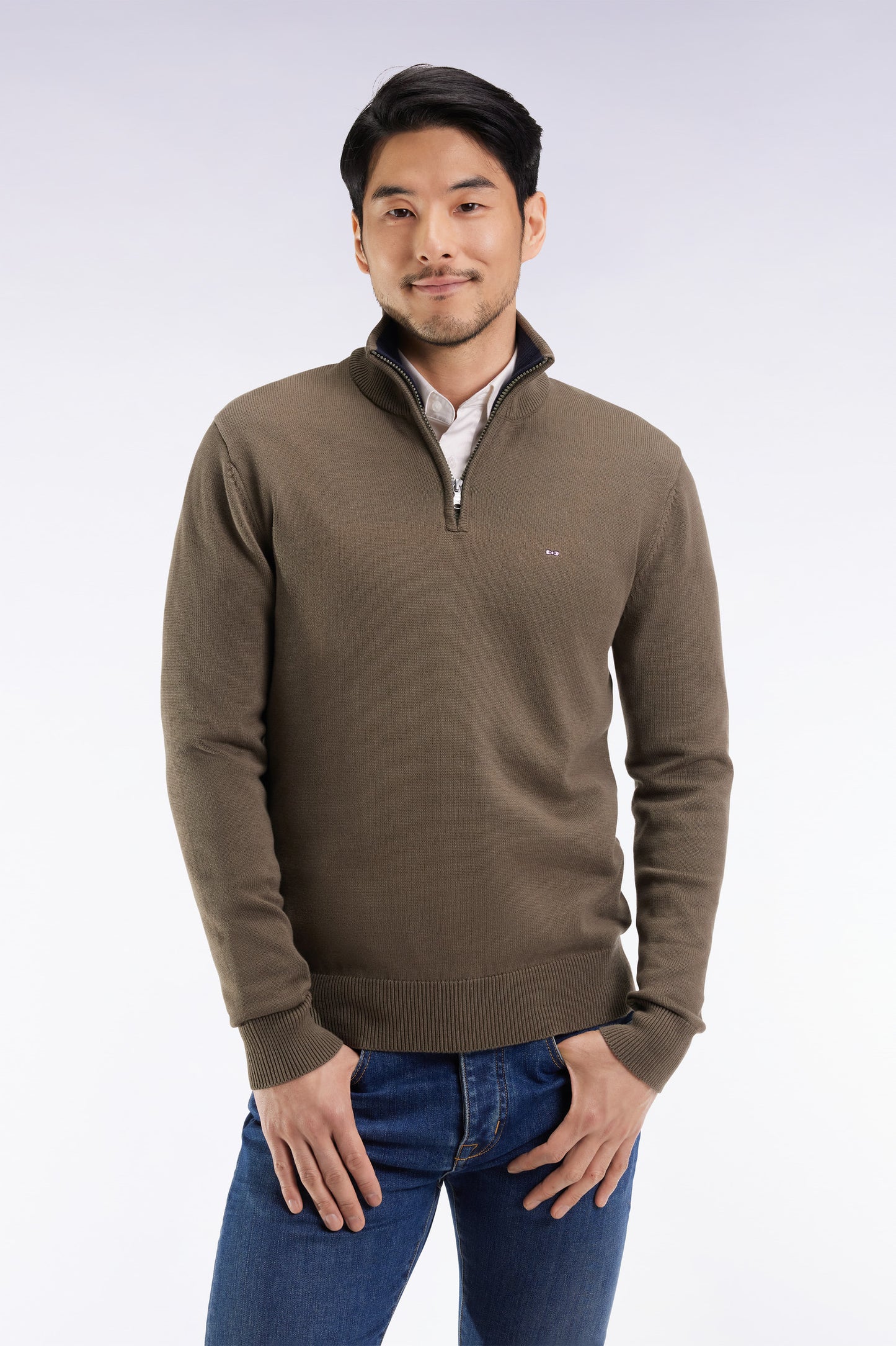 Truck-neck sweater in thick khaki cotton