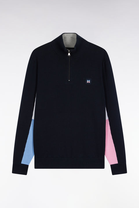 Truck-neck sweater in black cotton with contrasting grey sleeves - Image 2