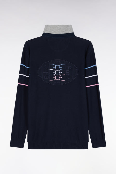 Navy cotton jersey-neck sweater with embroidered back - Image 2