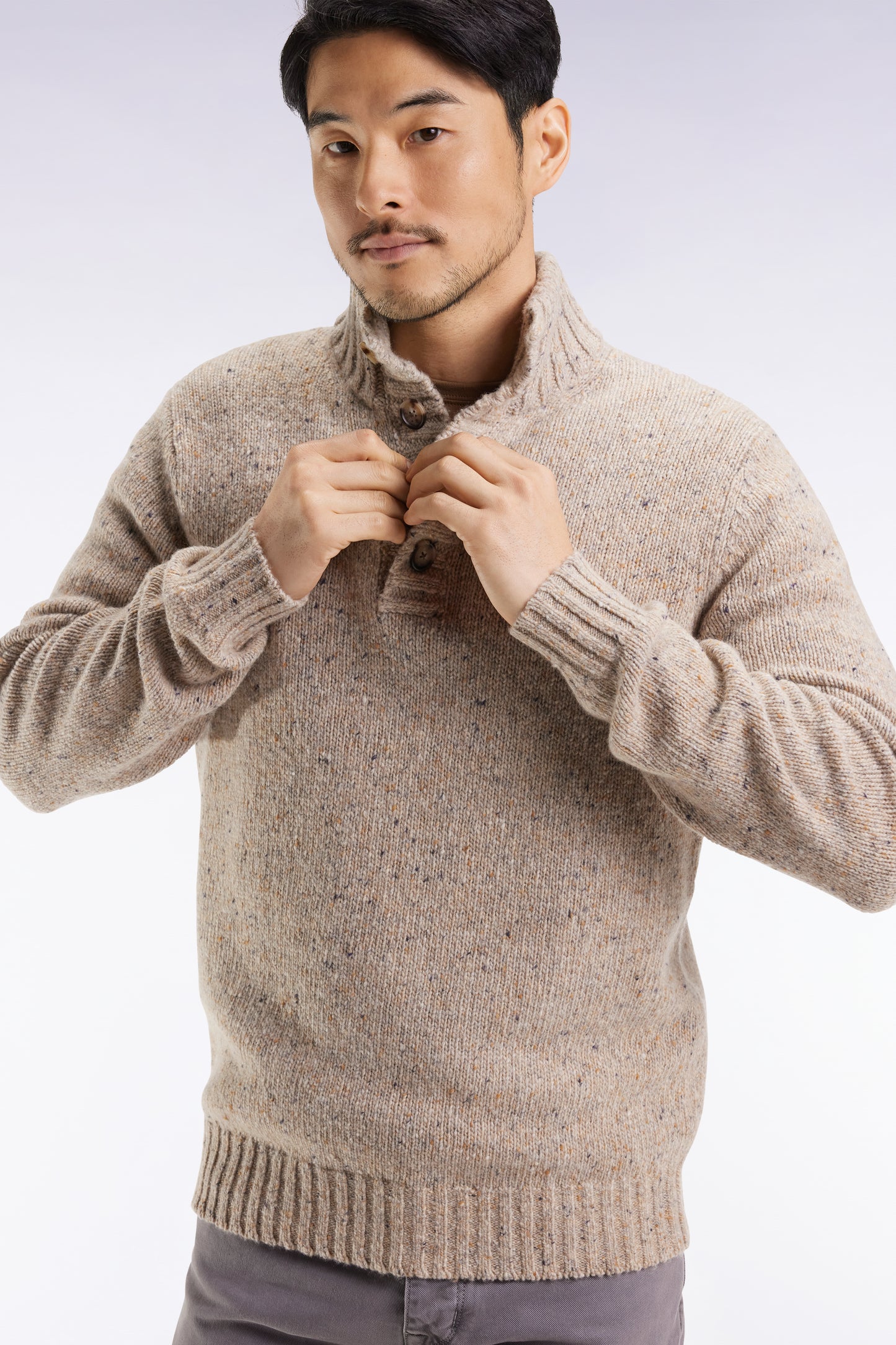 High-neck sweater in beige virgin wool blend