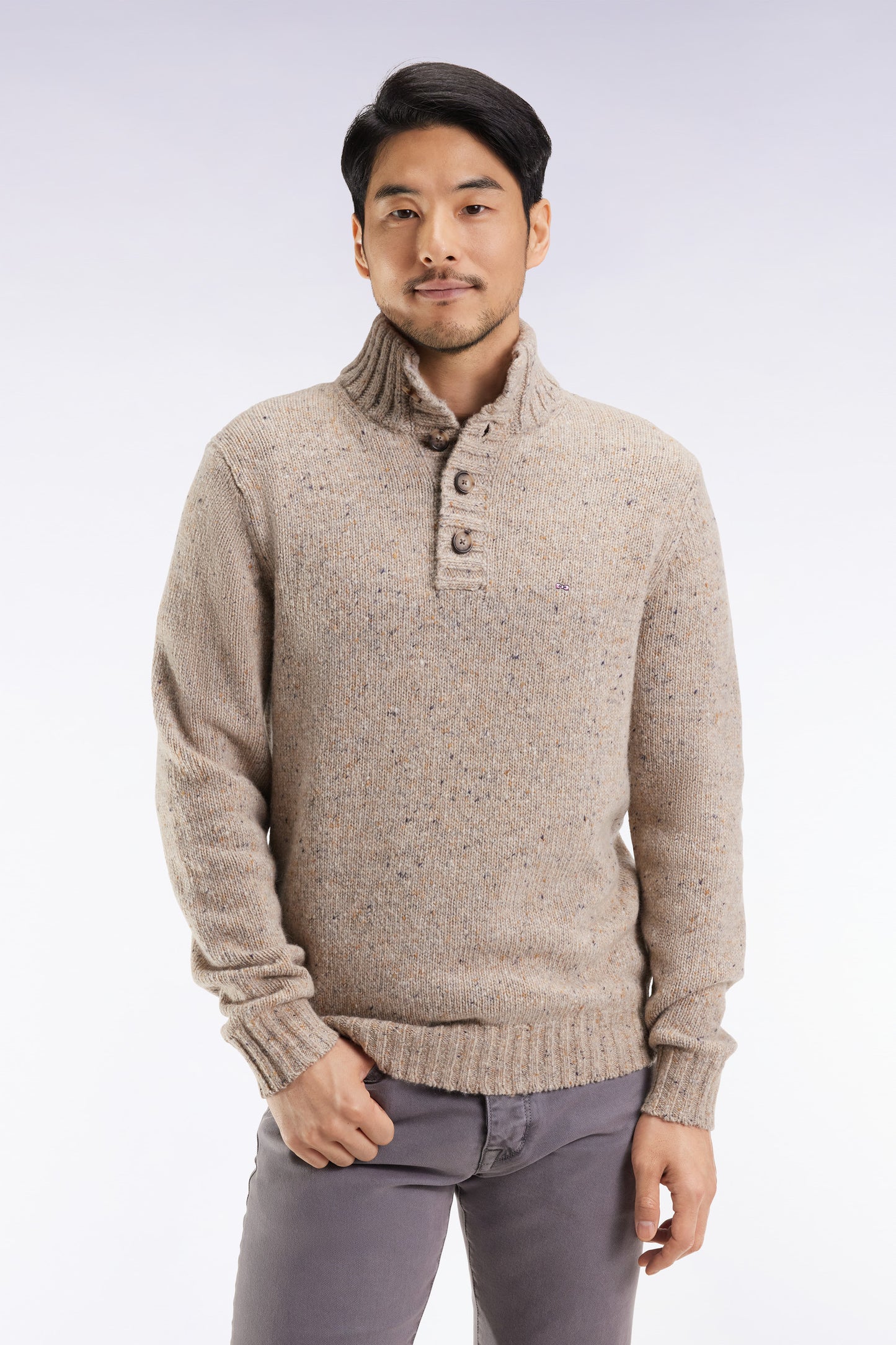 High-neck sweater in beige virgin wool blend