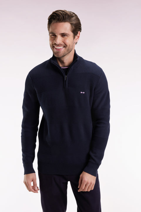 Navy cotton trucker-neck sweater with stripe effect - Image 3