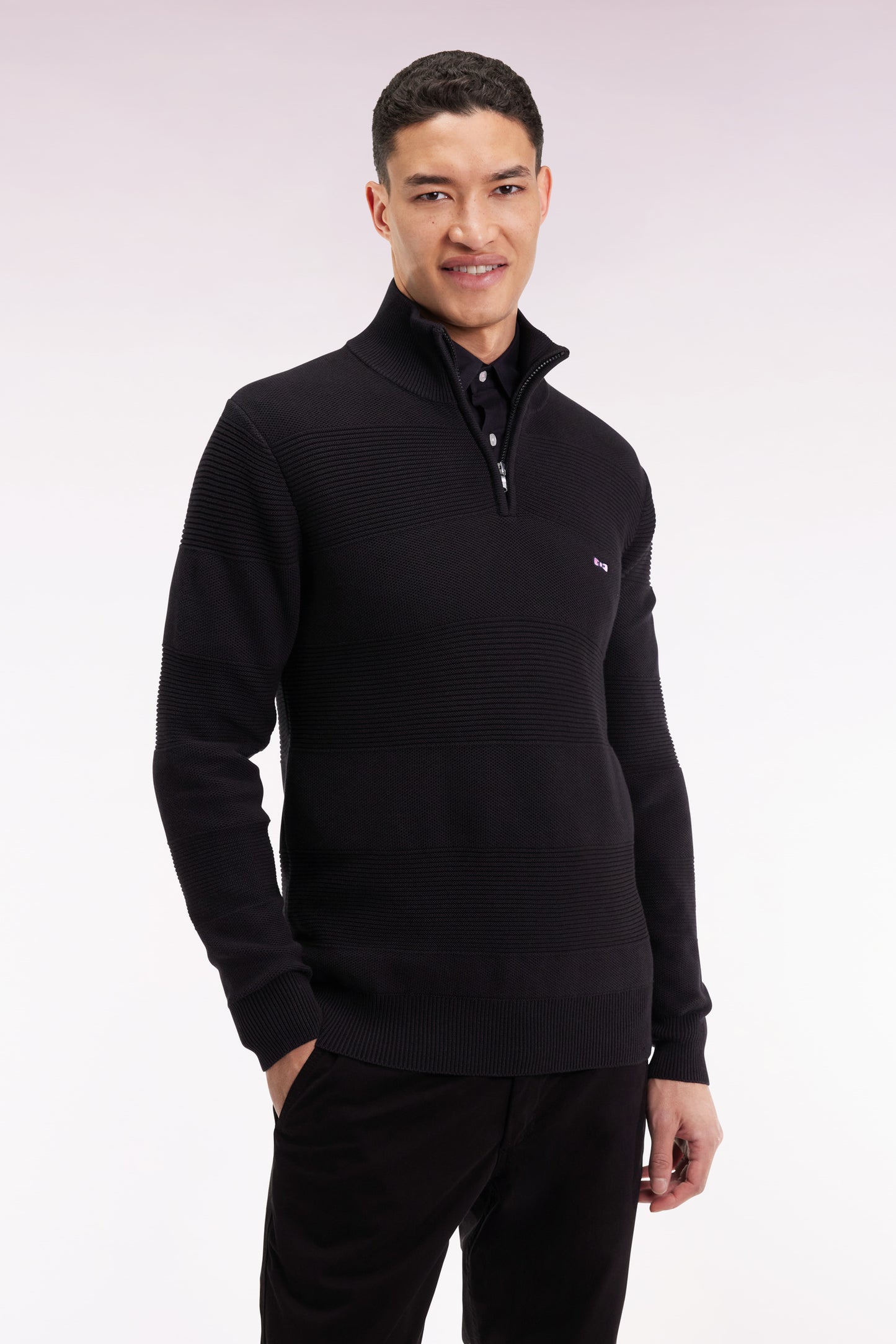 Black cotton trucker-neck sweater with stripe effect
