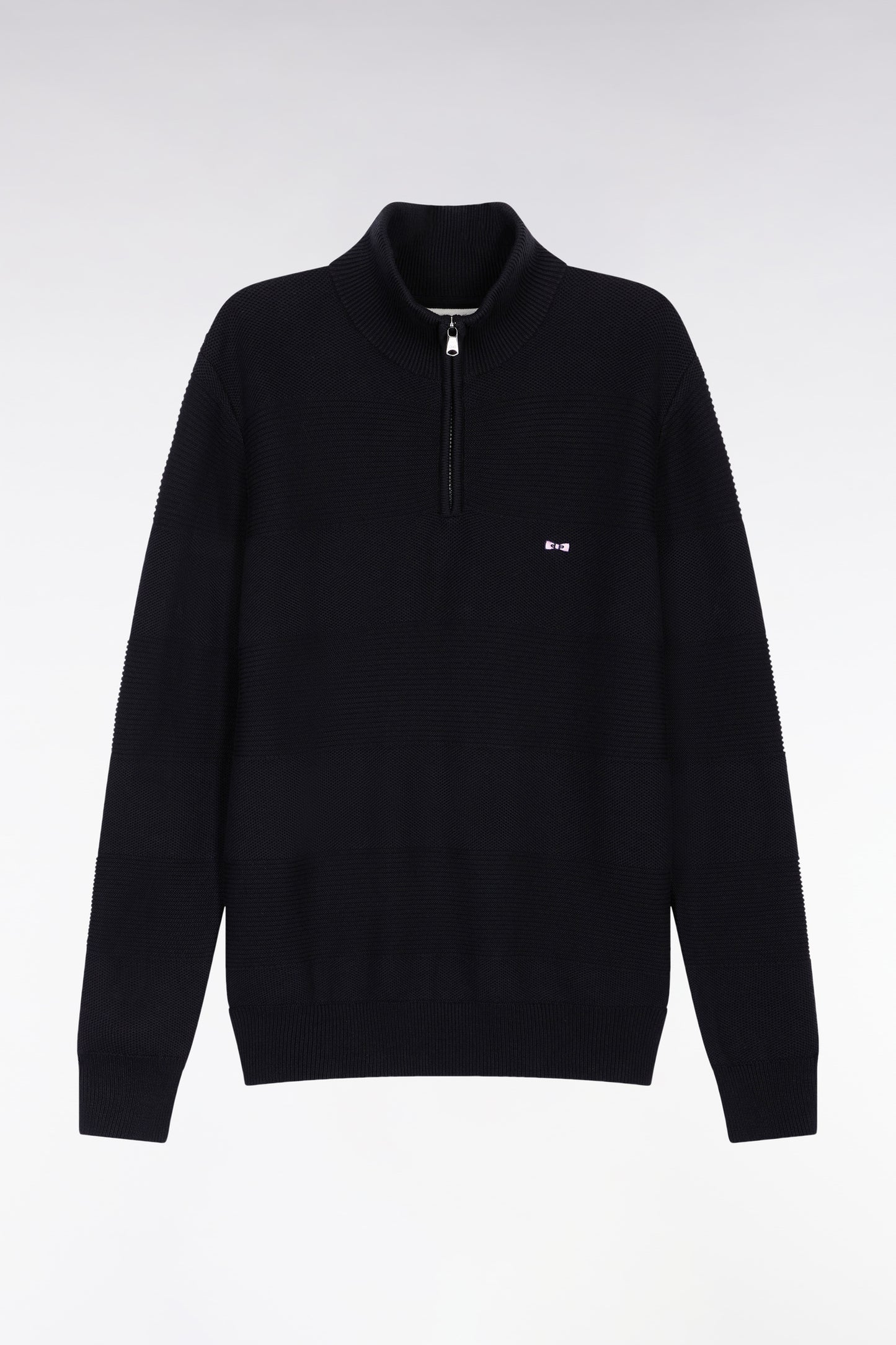 Black cotton trucker-neck sweater with stripe effect