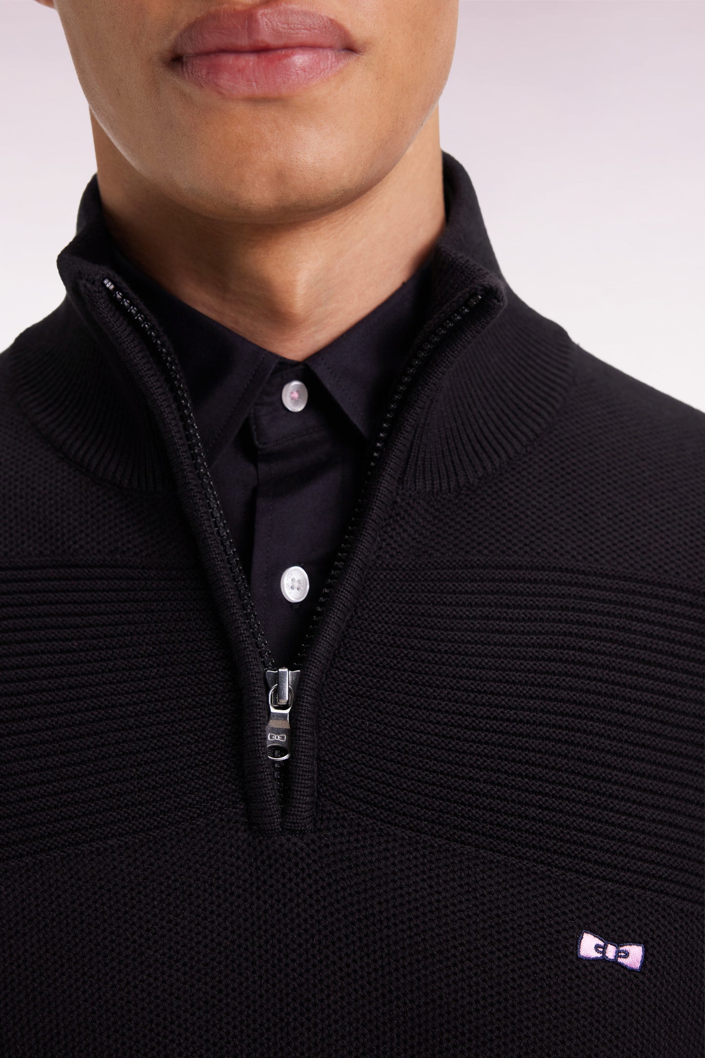 Black cotton trucker-neck sweater with stripe effect