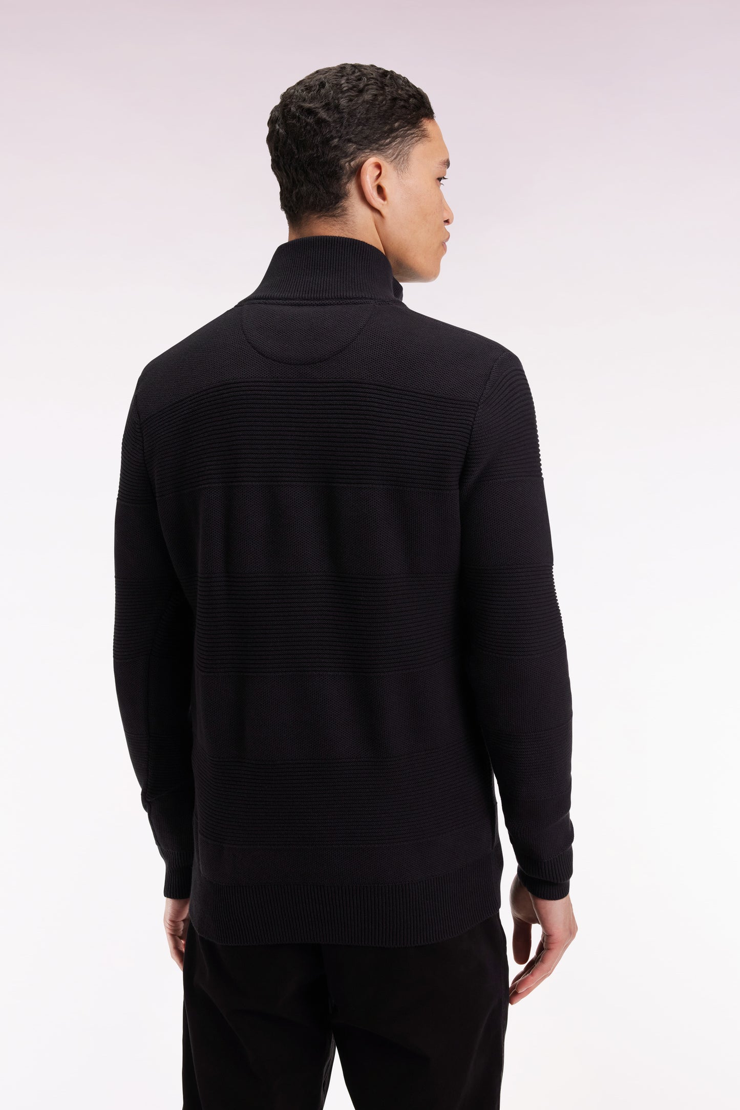 Black cotton trucker-neck sweater with stripe effect