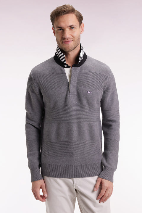 Grey cotton jersey-neck sweater with stripe effect - Image 3