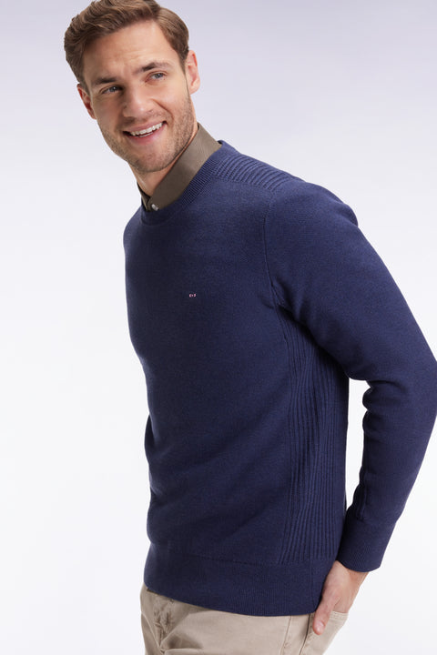 Round-neck sweater in navy cotton honeycomb - Image 1