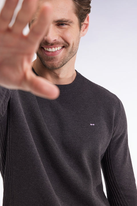 Round-neck sweater in dark grey honeycomb cotton - Image 1