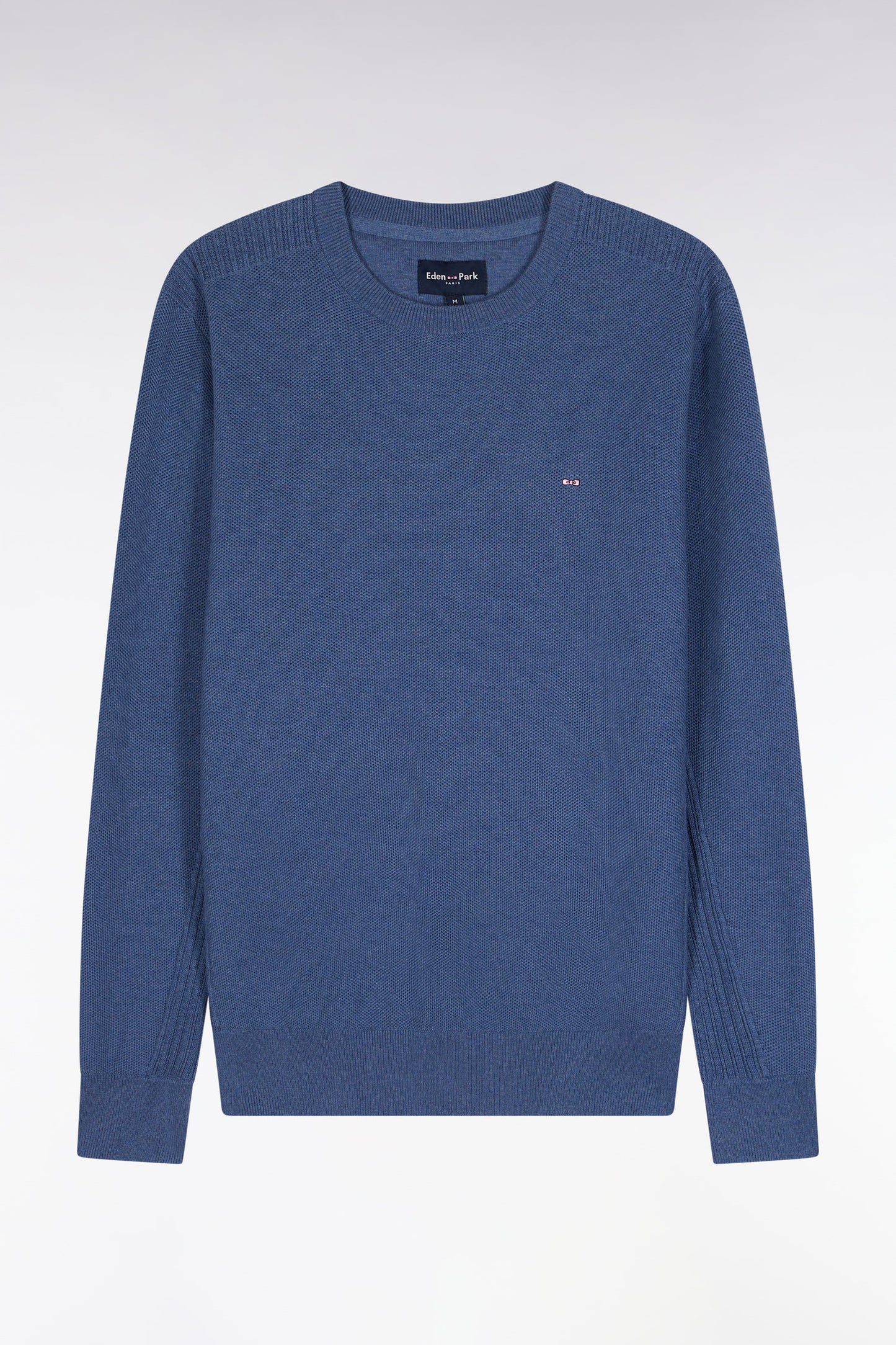 Blue cotton honeycomb round-neck sweater