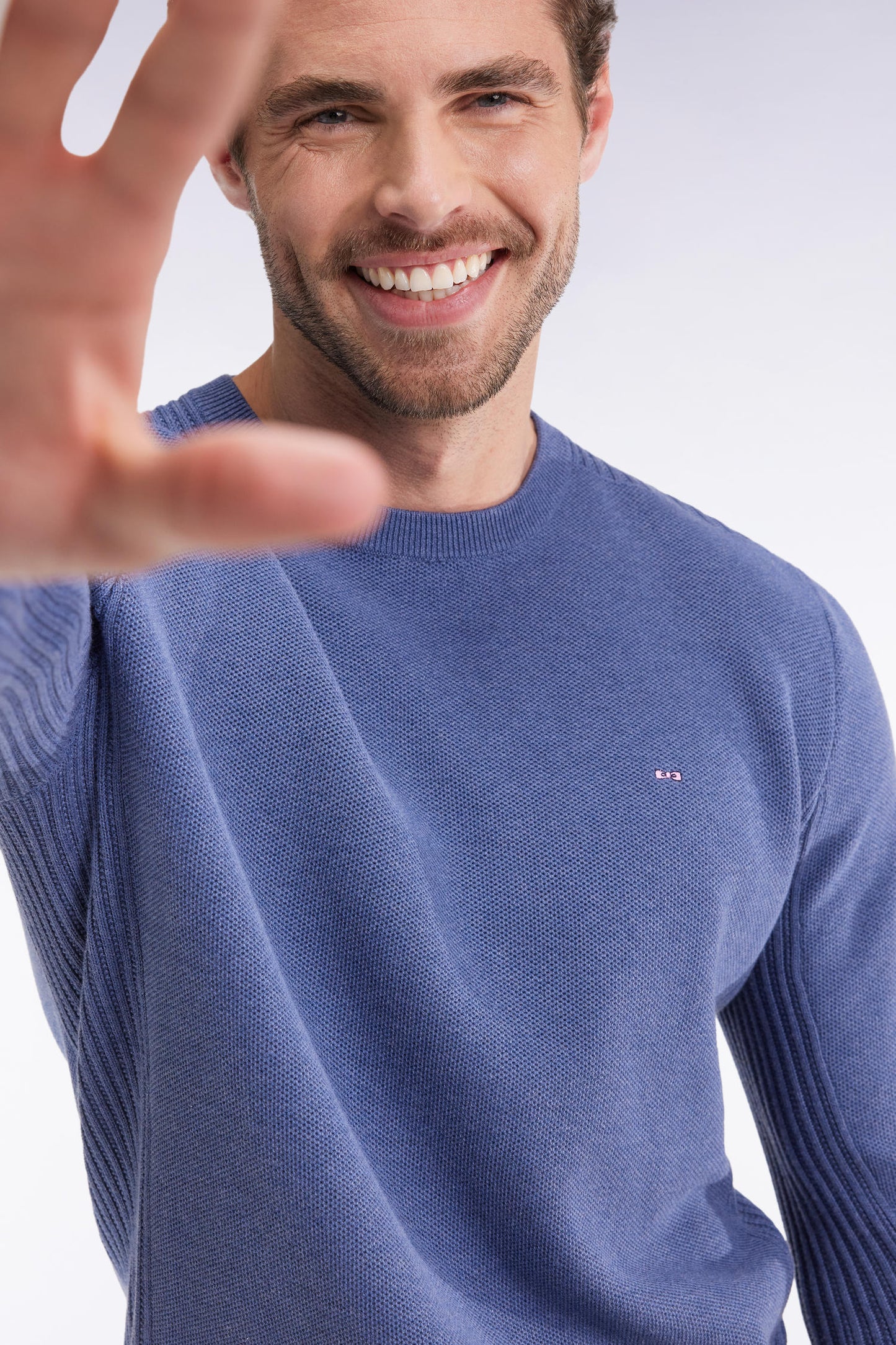 Blue cotton honeycomb round-neck sweater