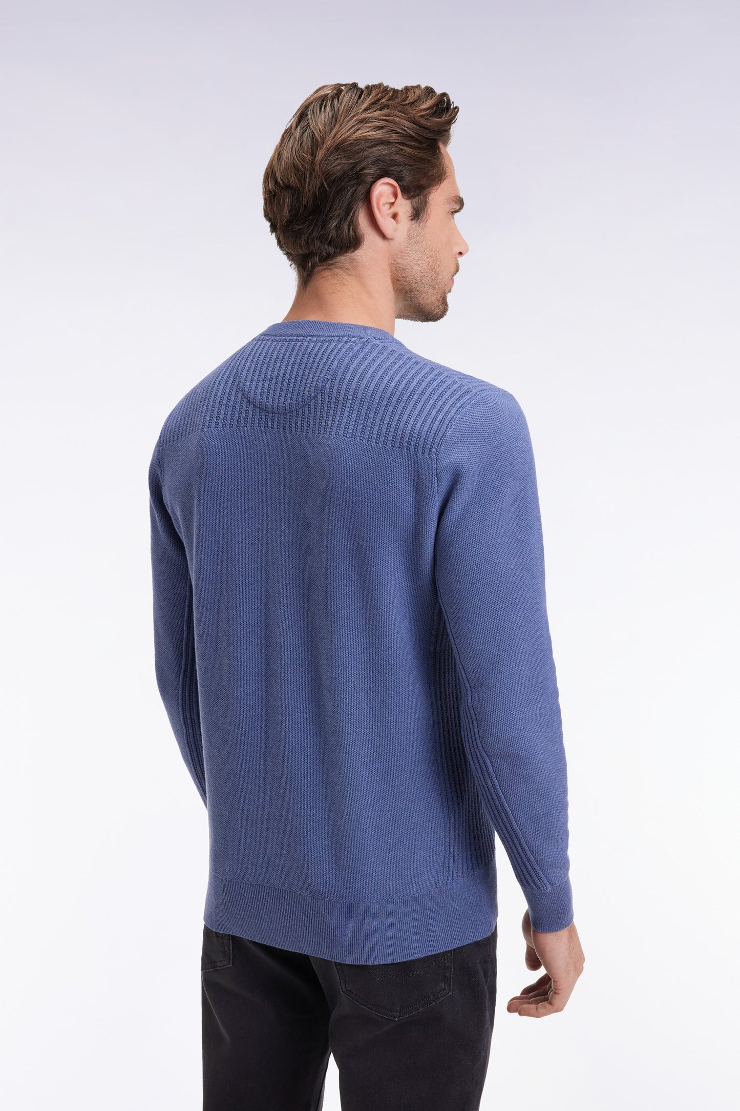 Blue cotton honeycomb round-neck sweater