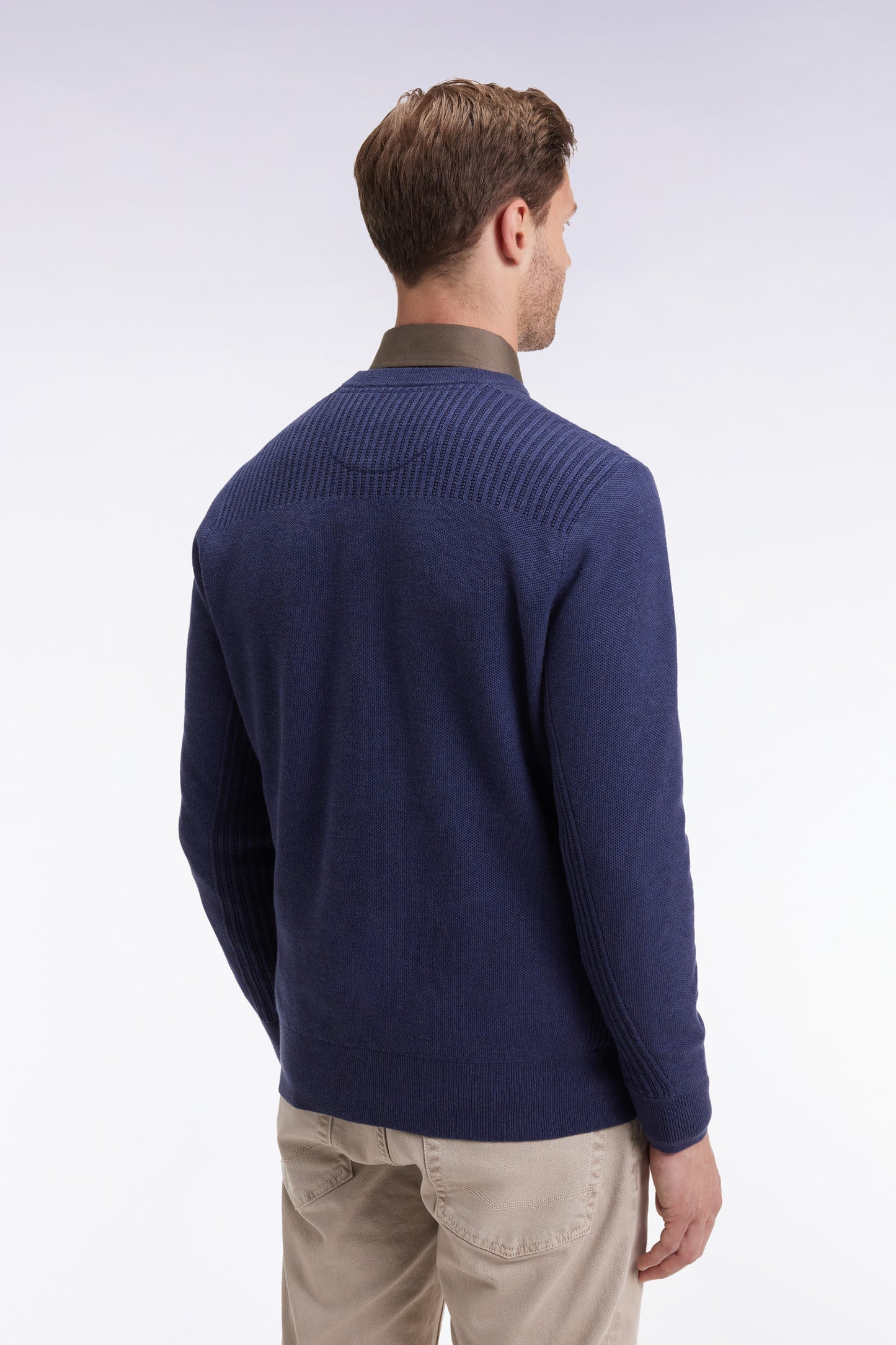 Round-neck sweater in navy cotton honeycomb