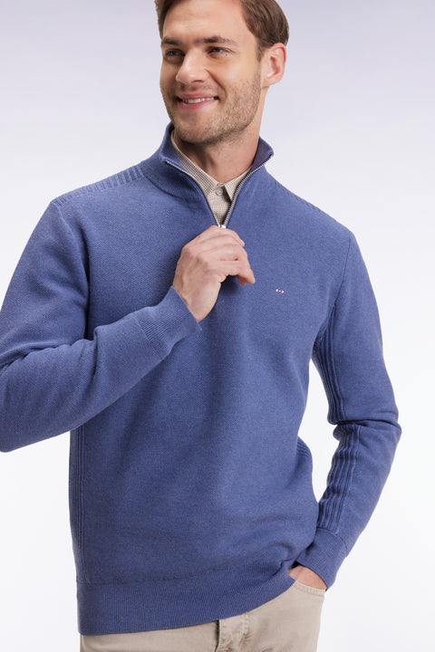 Blue cotton honeycomb trucker-neck sweater - Image 1