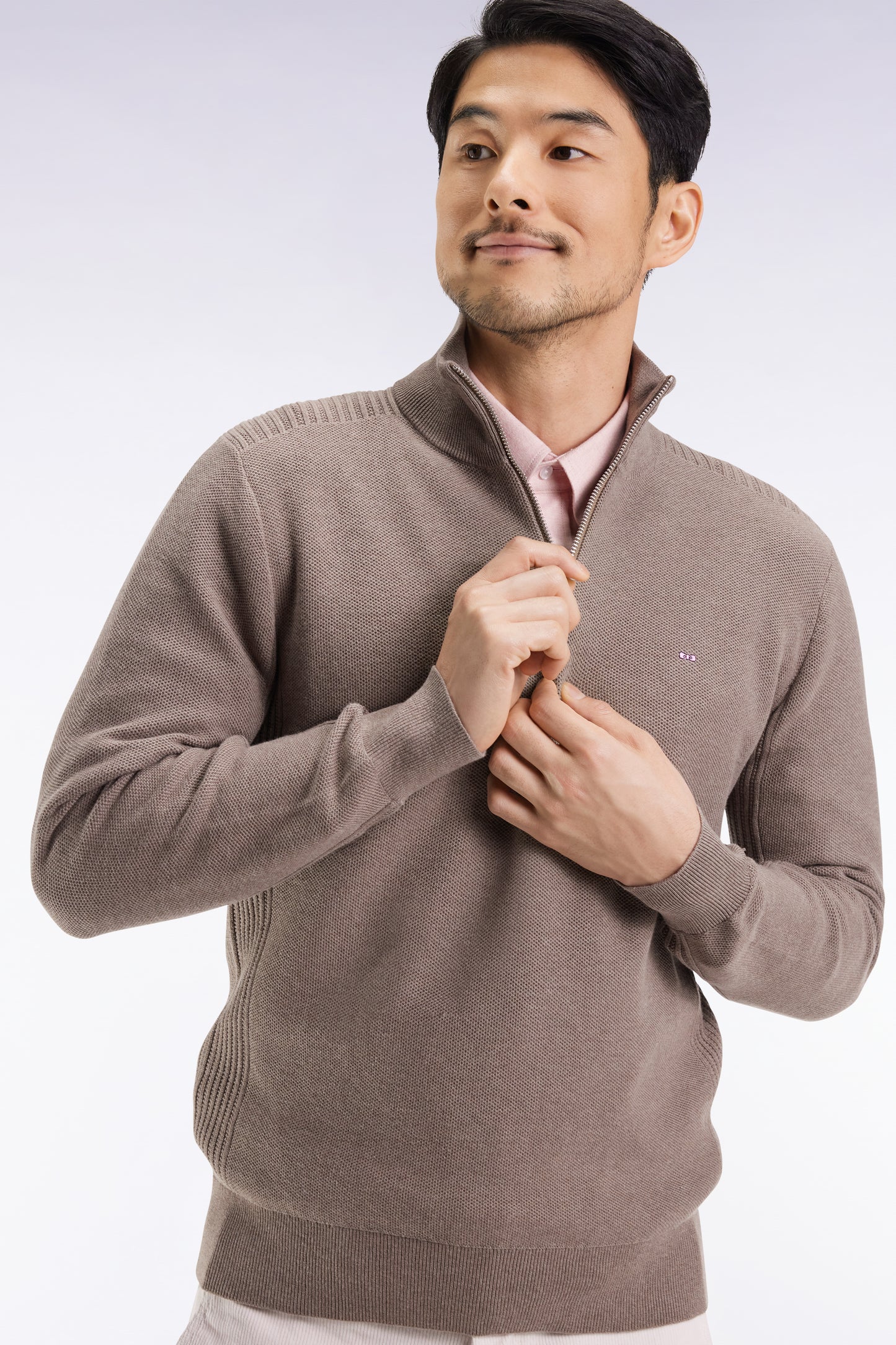 Brown cotton honeycomb trucker-neck sweater