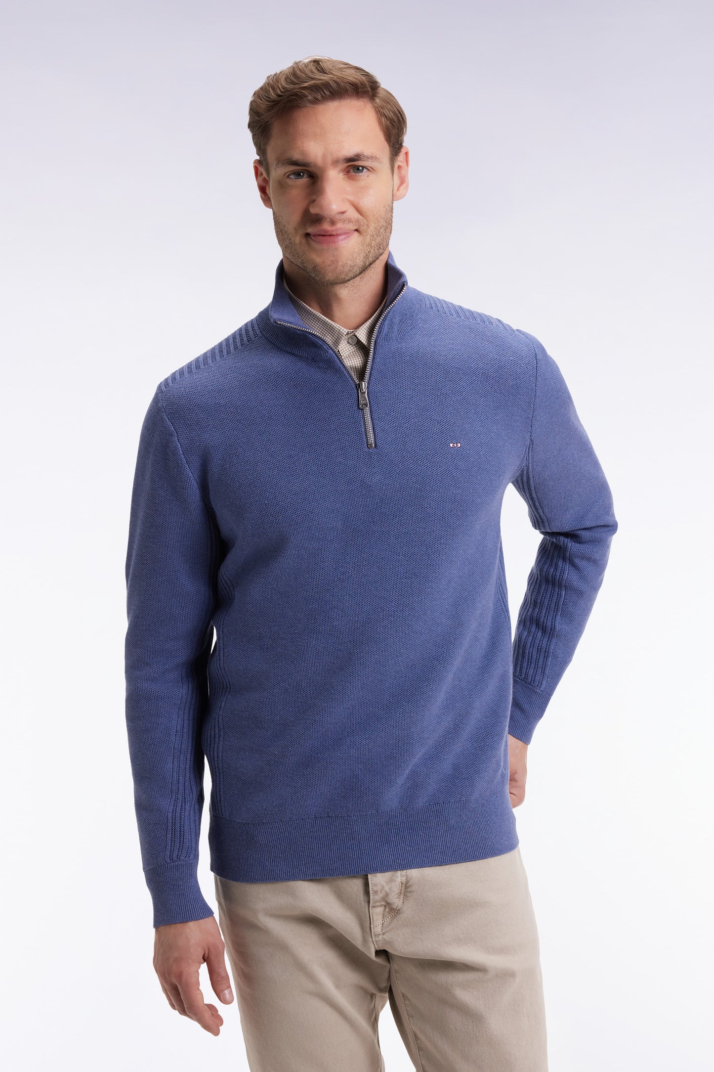 Blue cotton honeycomb trucker-neck sweater