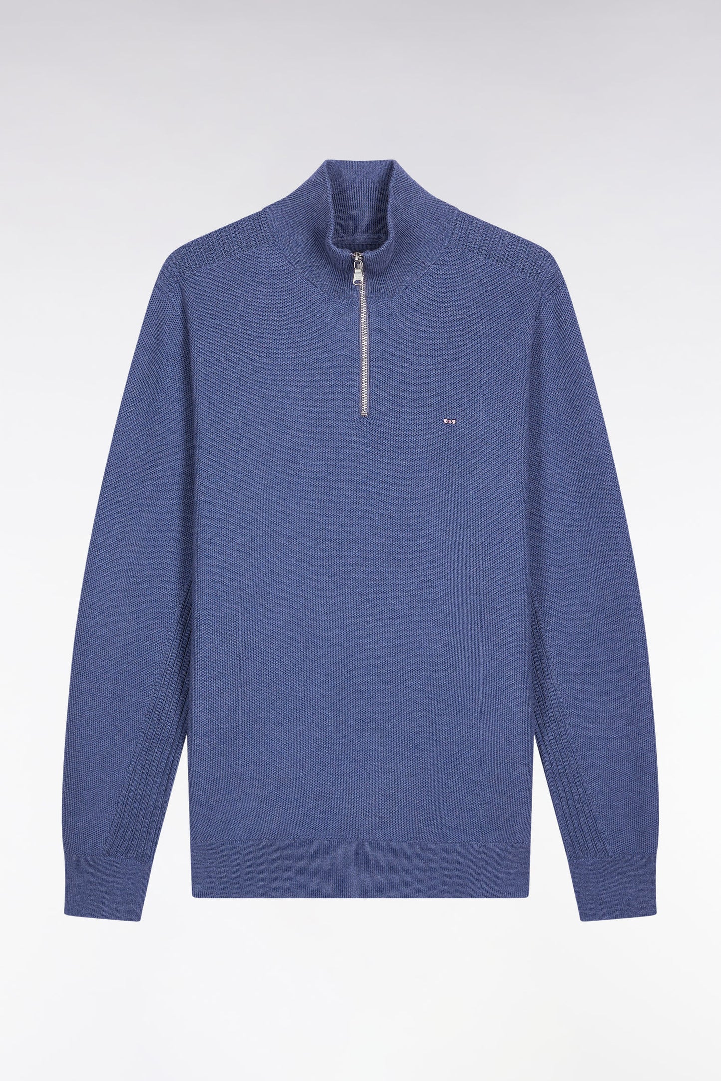 Blue cotton honeycomb trucker-neck sweater
