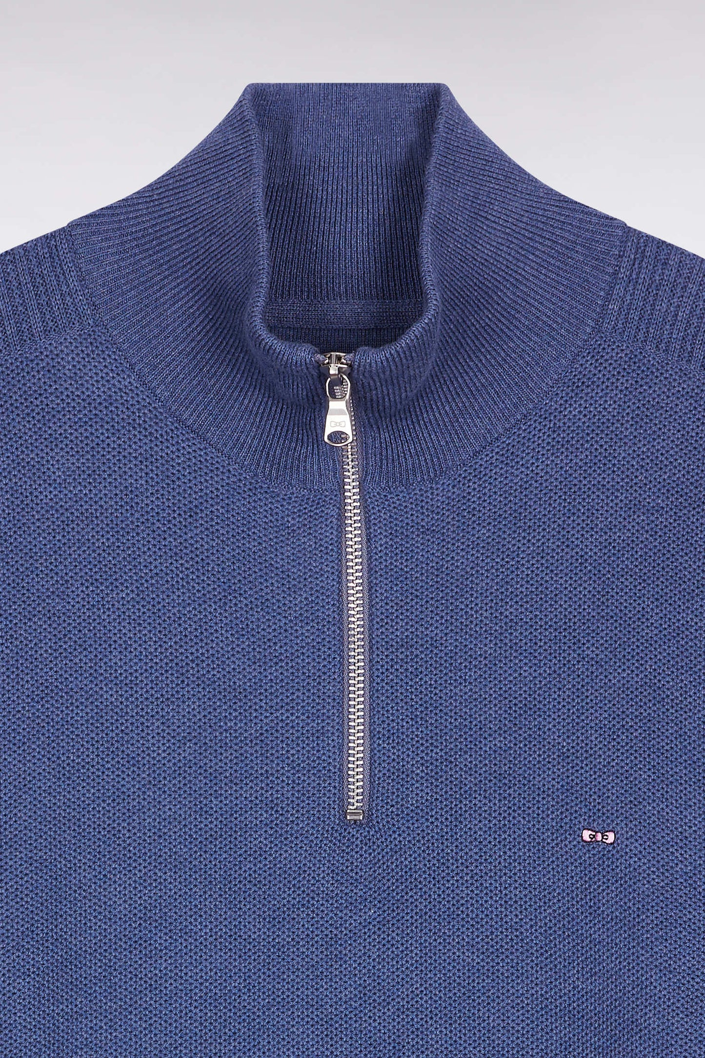 Blue cotton honeycomb trucker-neck sweater