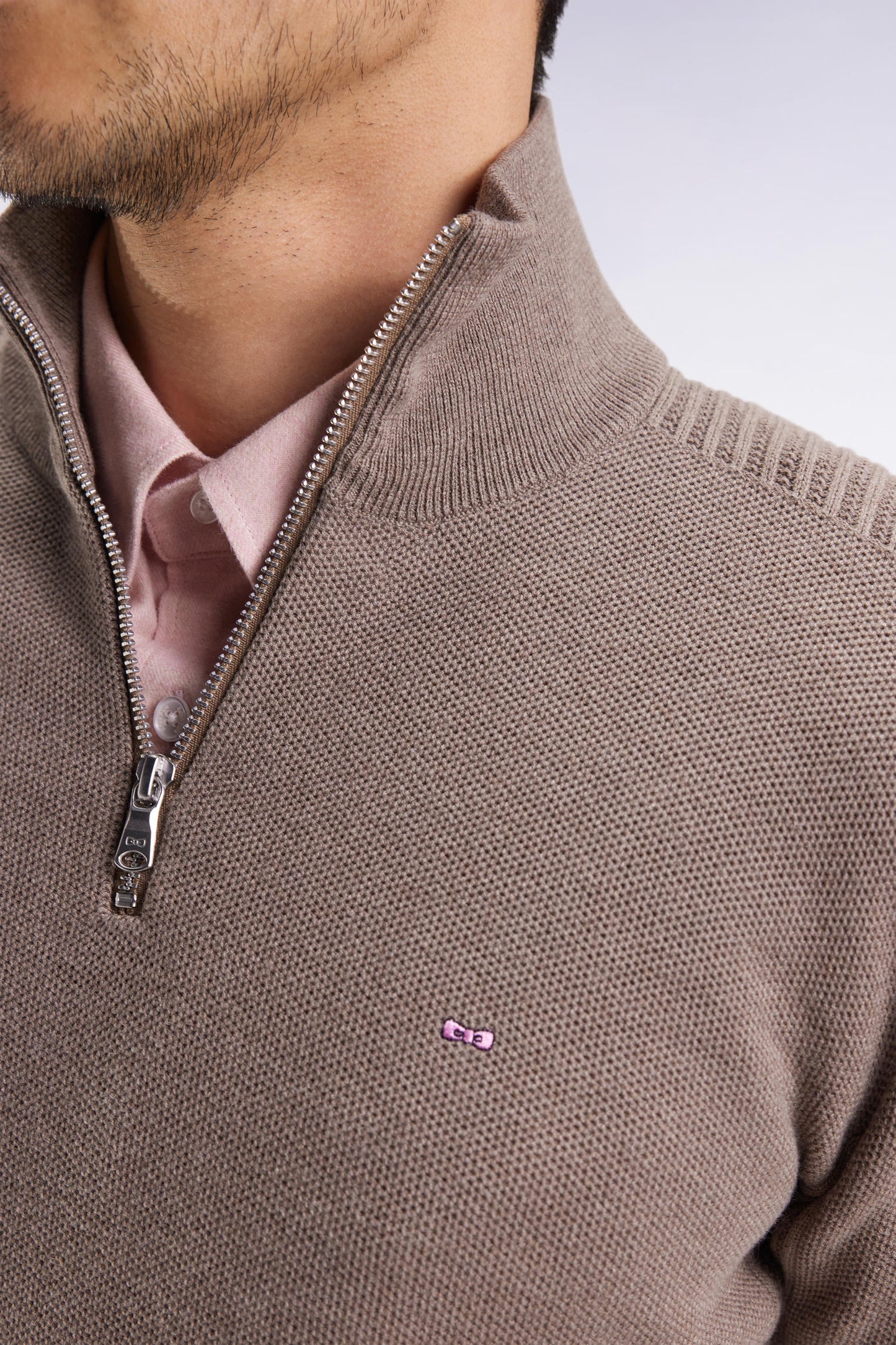 Brown cotton honeycomb trucker-neck sweater