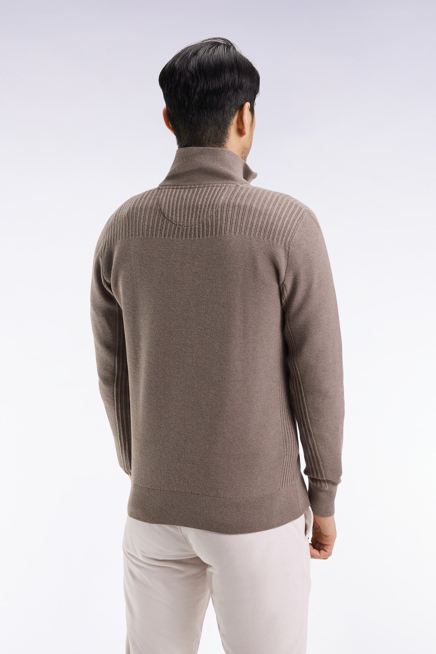 Brown cotton honeycomb trucker-neck sweater