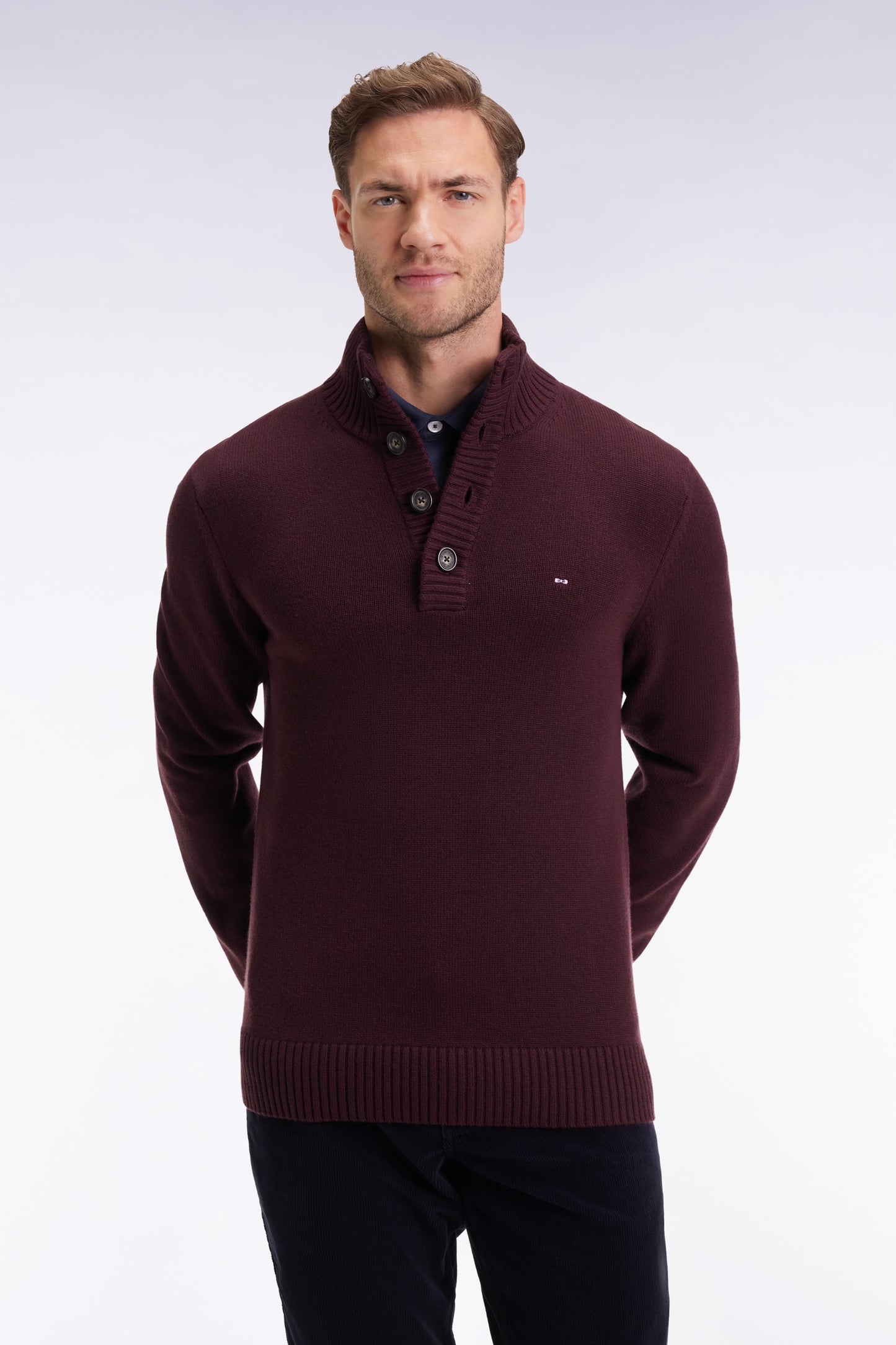 Chunky high-neck sweater in burgundy wool and cotton