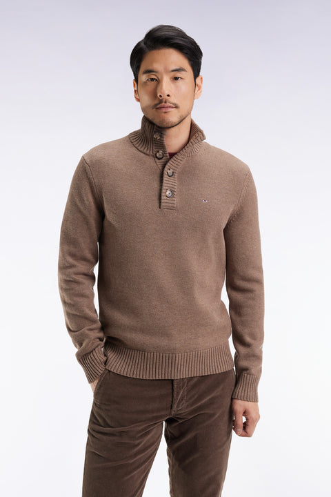 Chunky high-neck sweater in brown wool and cotton - Image 3