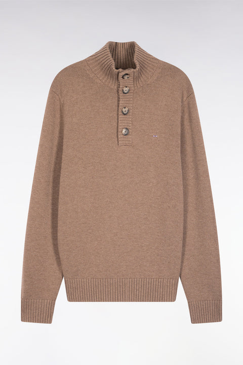 Chunky high-neck sweater in brown wool and cotton - Image 2