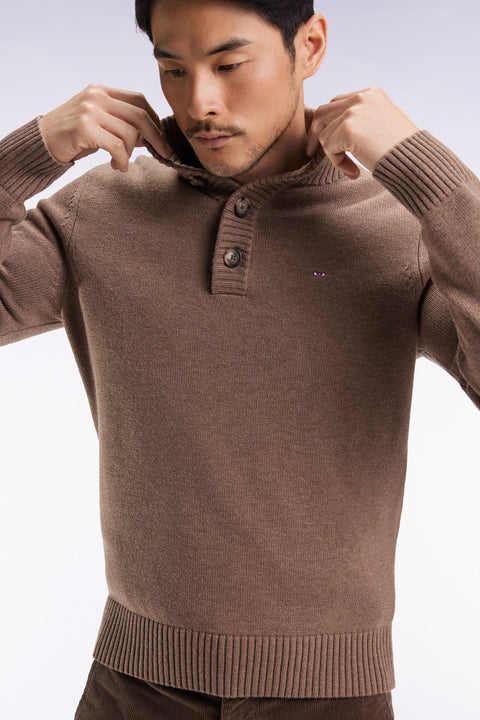 Chunky high-neck sweater in brown wool and cotton - Image 1