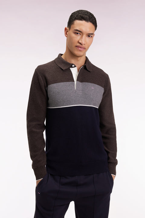 Navy and grey wool and cotton jersey-neck sweater - Image 3