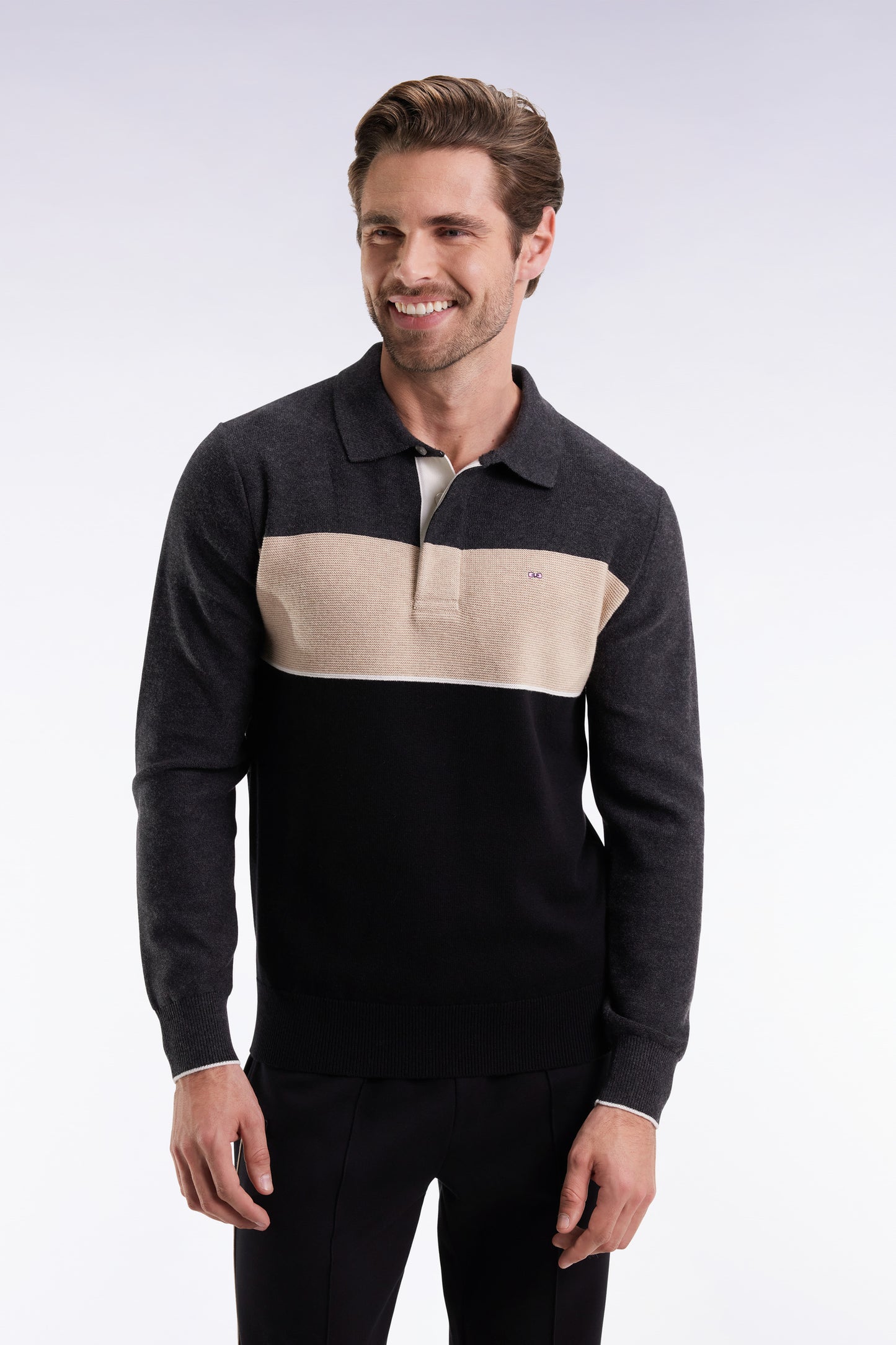 Black, grey and beige wool and cotton jersey-neck sweater