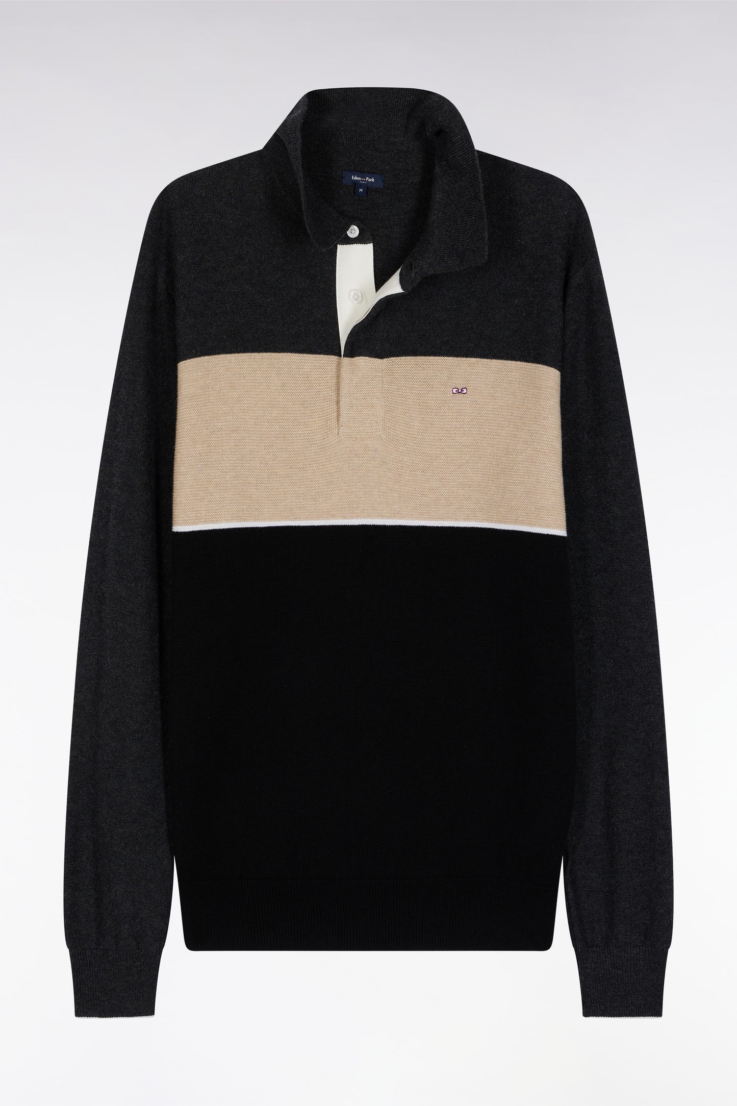 Black, grey and beige wool and cotton jersey-neck sweater