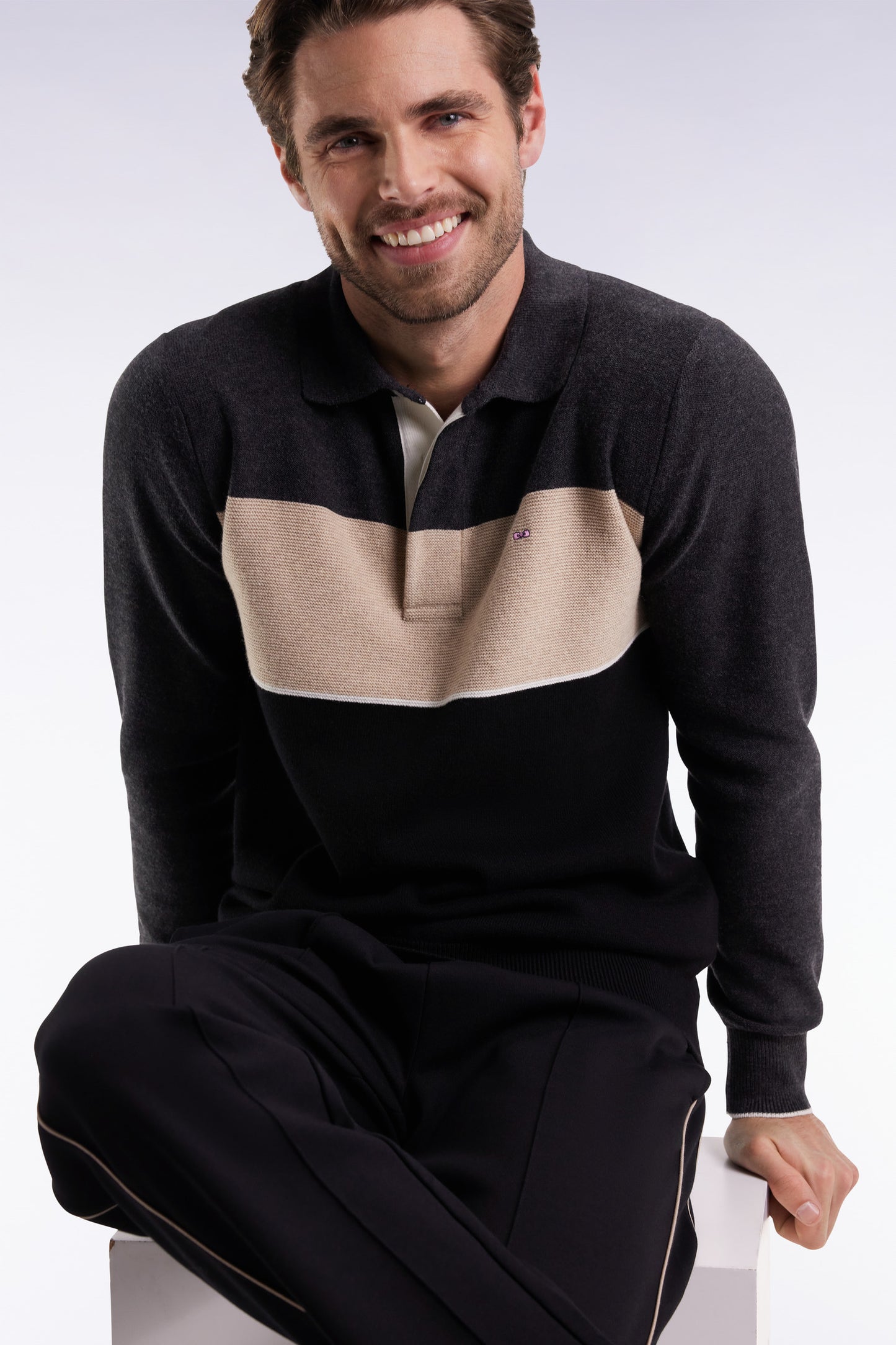 Black, grey and beige wool and cotton jersey-neck sweater