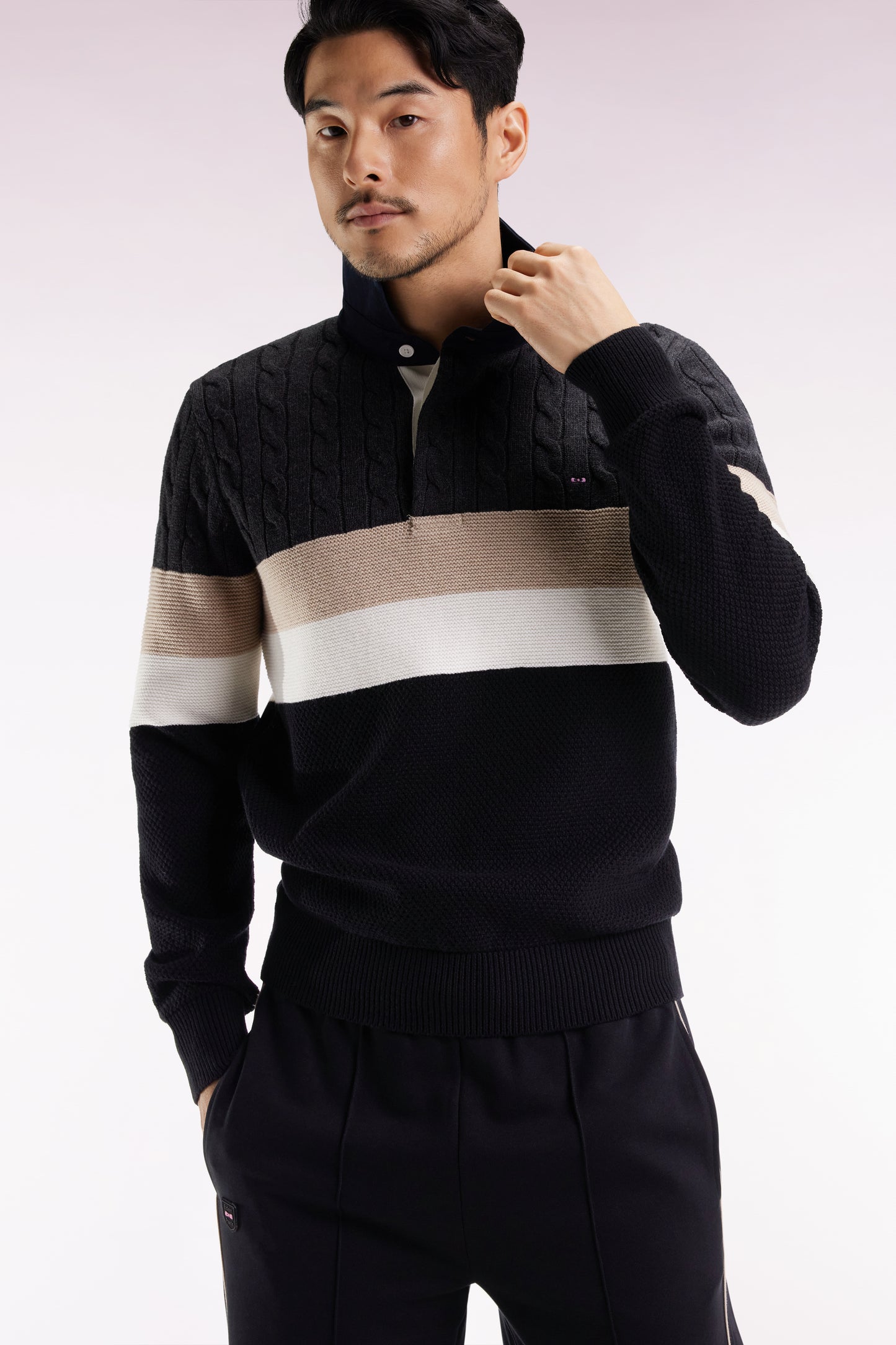 Wool and cotton cable-knit sweater in black and grey