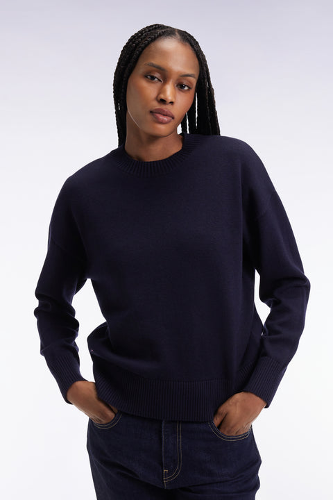 Pull à col rond en laine et coton marine coupe Relaxed - Image 1