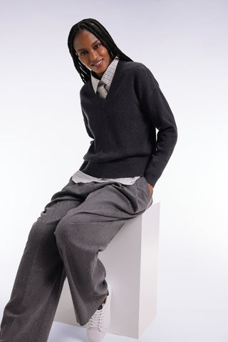 Grey wool and cotton V-neck Relaxed fit sweater